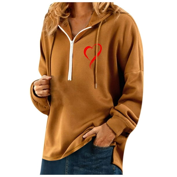 Besolor Valentine's Day Hoodie Women Valentine Heart Graphic Sweatshirt Half  Zipper Long Sleeve Hoodie Pullover Tops Orange 1 