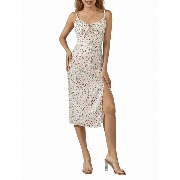 Baby Sweetie Women´s Floral Print Midi Dress Sleeveless Spaghetti Strap Bustier Backless Thigh Slit Split Dresses