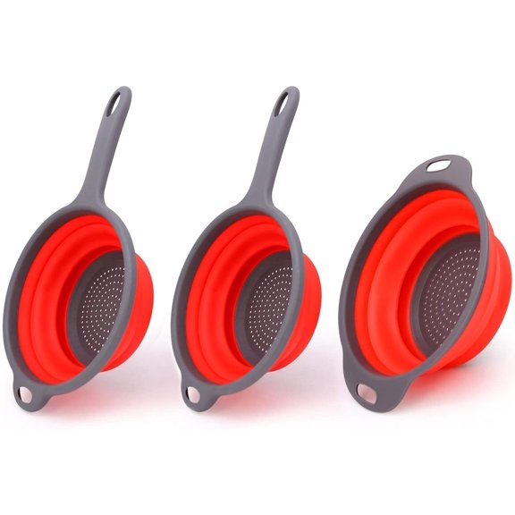 Kitchen Foldable Silicone Strainer,Bonison Collapsible Colander with Handle, Food-Grade Silicone kitchen Strainer Space-Saver Folding Strainer Colander,(Red,3pc)