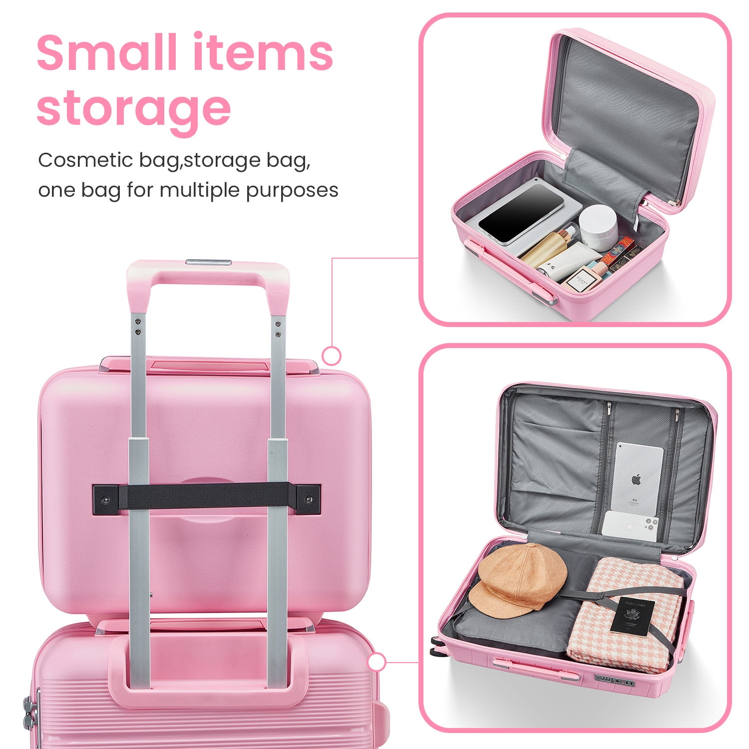 POWANLI 4 Piece Luggage Sets(14"20"24"28"）, PP Hardside Lightweight & Durable suitcase, Expandable, TSA Lock, Spinner Wheels, Airline Approved,(Pink)