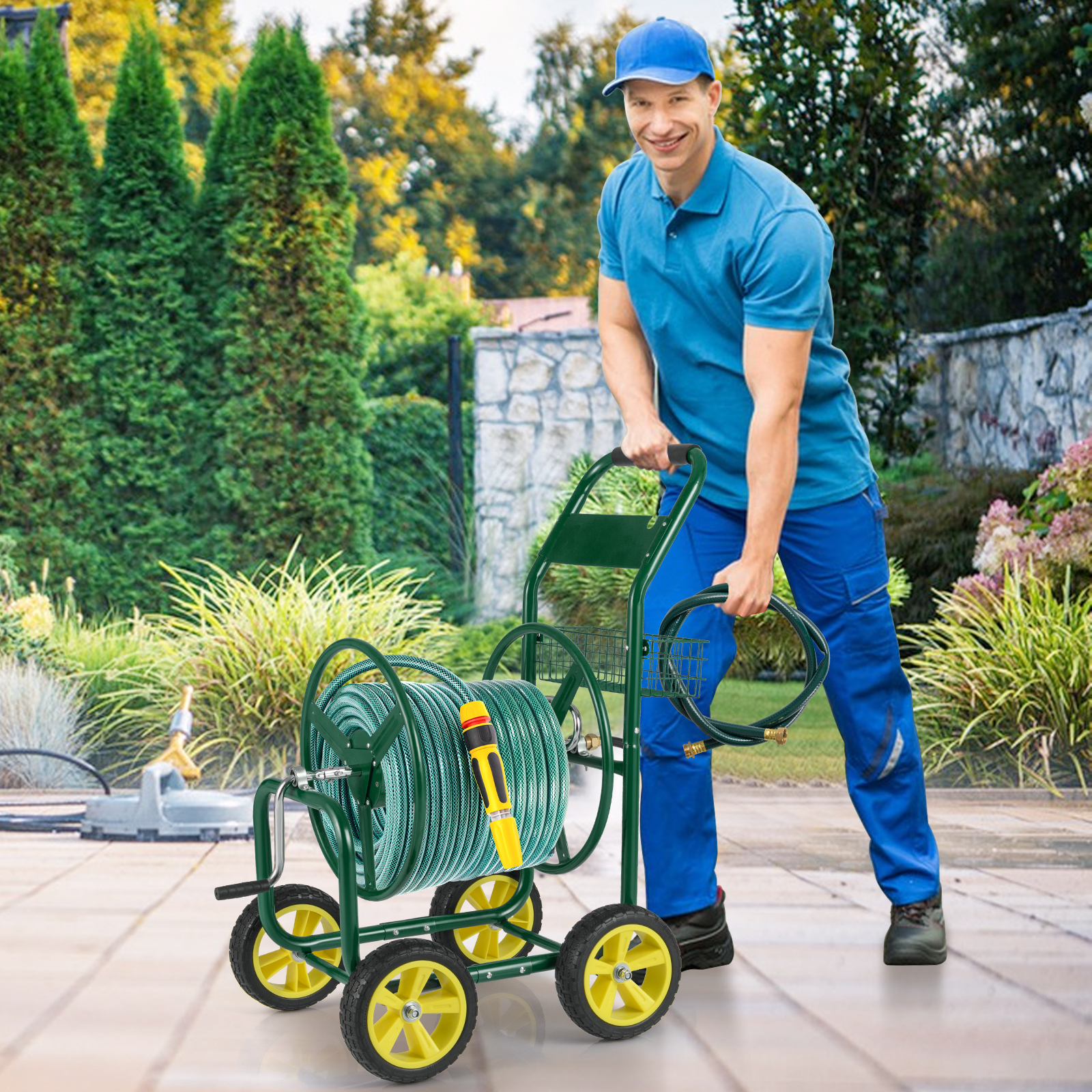 Gymax Garden Hose Reel Cart 300 FT of 5/8'' Large Capacity Heavy-Duty Metal Hose Cart Green