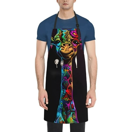 

Xecao Neon Psychedelic Giraffe Print Kitchen Cooking Aprons Waterproof Adjustable Bib Aprons with 2 Pockets for Women Men Chef