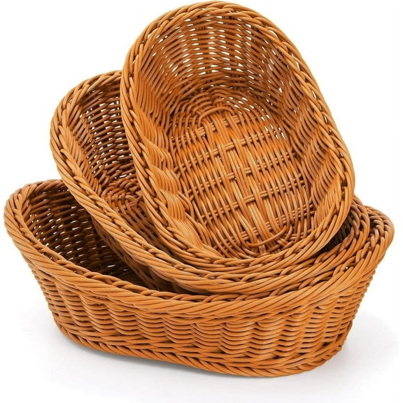 SWAEAZR 3 Pack Woven Breads Baskets,Oval Small Fruit Baskets Stackable Plastic Wicker Baskets for Serving Vegetables,Kitchen,Restaurant,Outdoor,Imitation Rattan Brown,3 Sizes