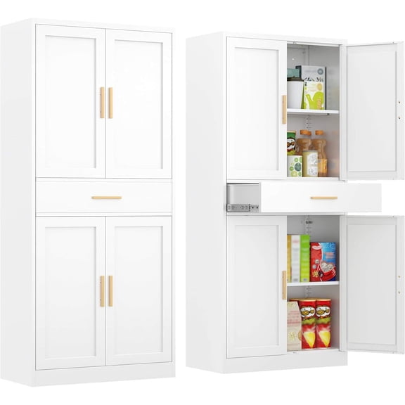 Freestanding Tall Pantry Cabinet, 71" Metal Storage Cabinet with Doors, 2 Adjustable Shelves and Drawer, White Kitchen Pantry Cabinet
