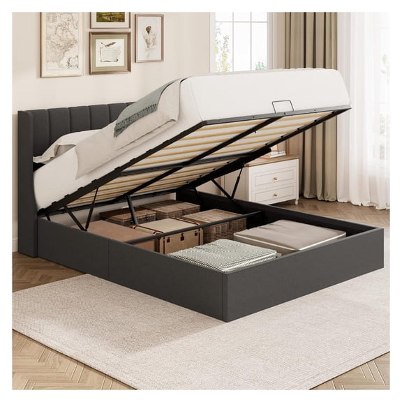 Queen Size Lift Up Storage Bed Frame with Hydraulic Pumps, Upholstered Wingback Headboard Platform, Easy Lift Handle, Wood Slats, No Box Spring