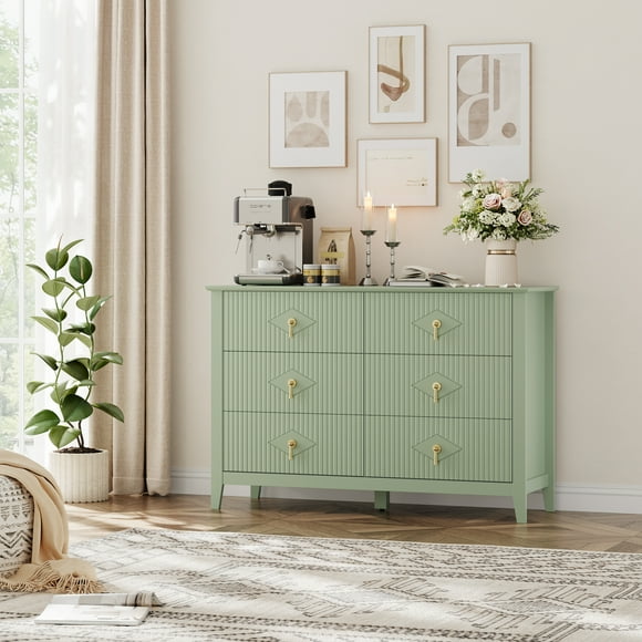 47 Inch Wide 6 Drawer Fluted Dresser with Gold Handles, Modern Wood Storage Cabinet with Anti Tip Kit, Bedroom Living Room Entryway Organizer, Wood Color Apple Green Grey