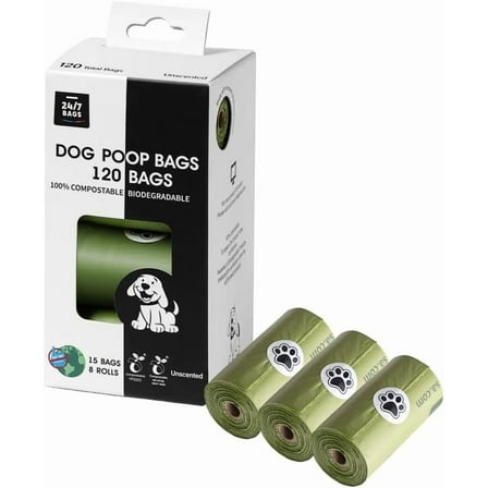 100% Certified Compostable Dog Waste Bags, 120 Count, ASTM D6400 Standard, 9 IN x 13 IN, Unscented (8 Rolls, 15 Bags)