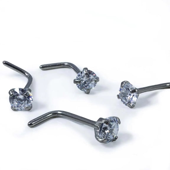 20G L Shaped Nose Ring Stud, 2mm & 3mm Cubic Zirconia Clear Gem, Surgical Steel