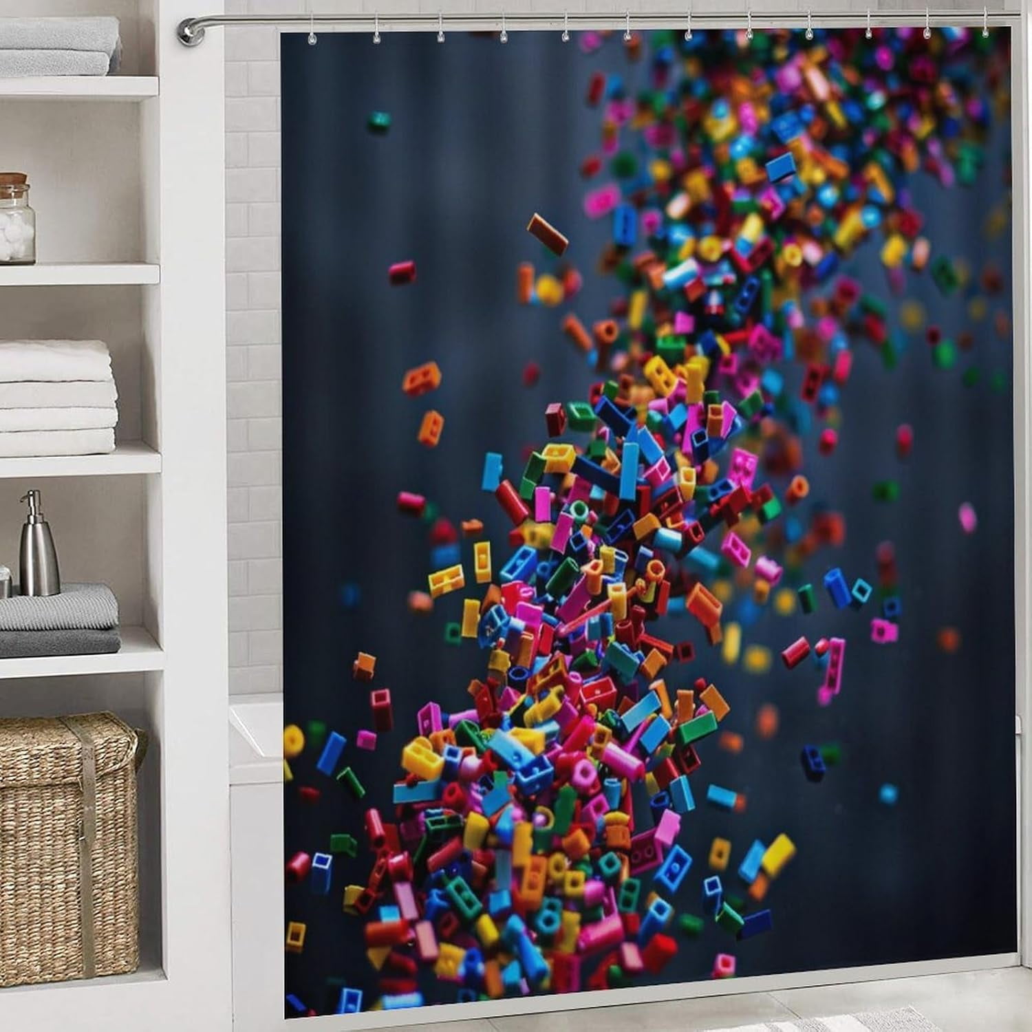 4Pcs Colorful Building Block Brick Shower Curtain Sets with Rugs, Toilet Lid Cover and Bath Mat, Geometric Bathroom Shower Curtains Set with 12 Hooks