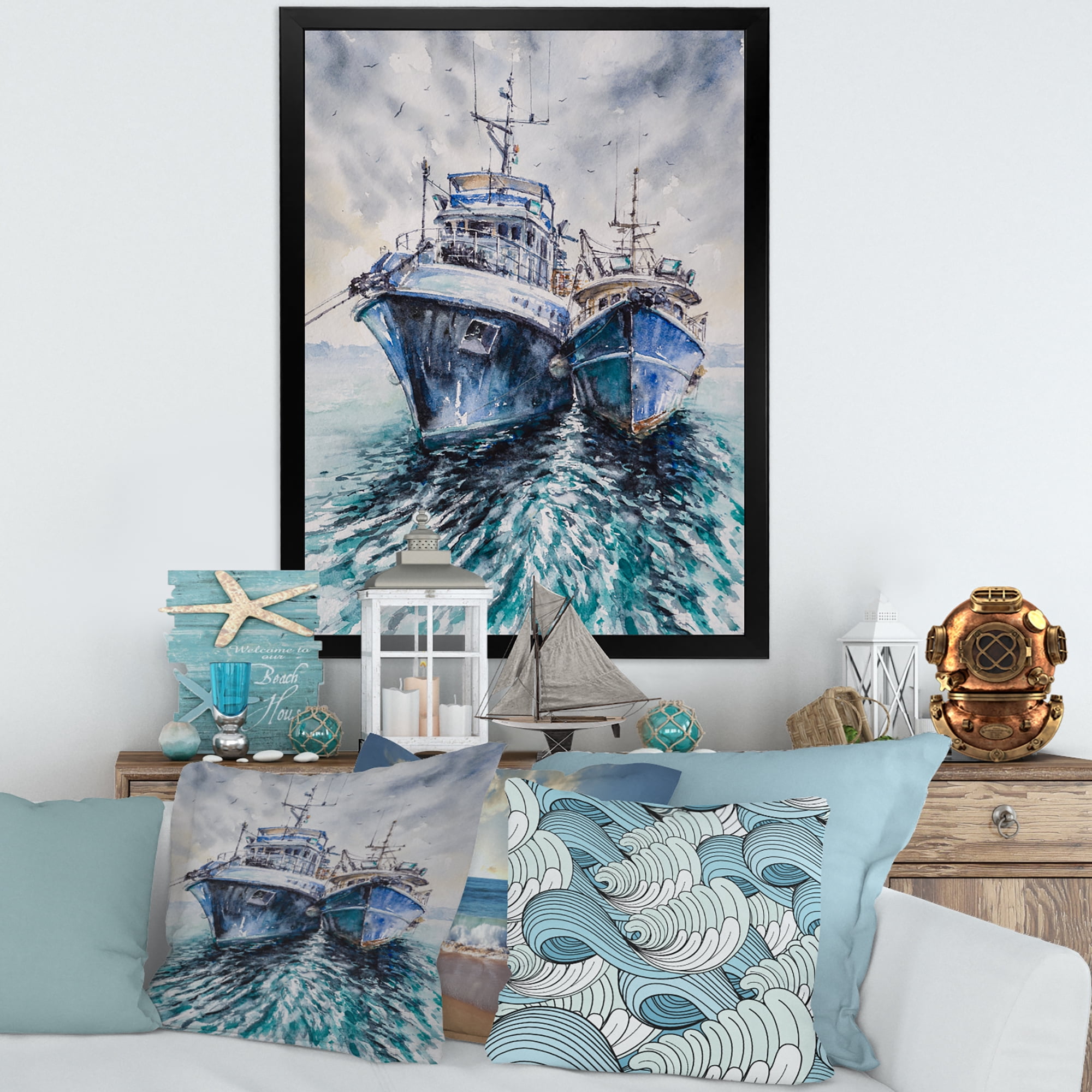 Designart 'Blue Fishing Boats Before A Storm Anchored' Nautical & Coastal Framed Art Print