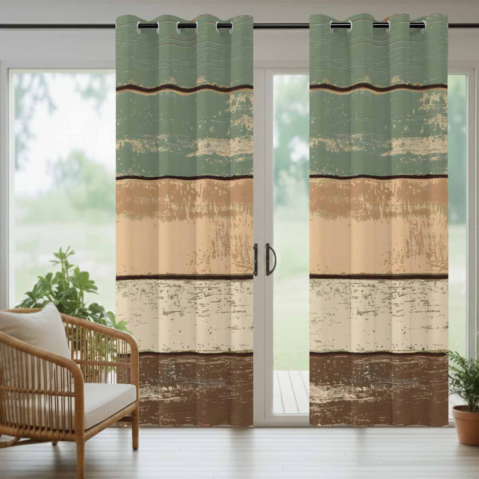 Outdoor Curtains for Patio Waterproof, Green Brown Farmhouse Windproof Pravicy Outside Porch Blackout Curtain, Vintage Wooden Sun Blocking Grommets Curtains for Cabana Gazebo 54"x108"