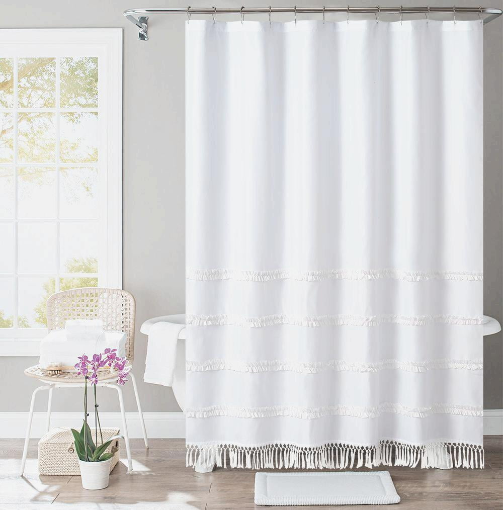 Ruffle White Farmhouse Shower Curtain with Tassels,72" Wx72" H