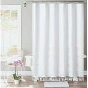 Ruffle White Farmhouse Shower Curtain with Tassels,72" Wx72" H