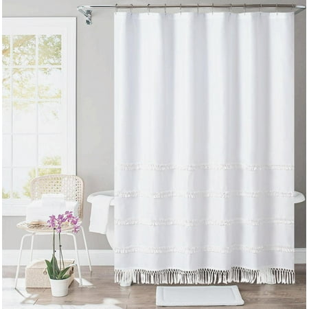 Ruffle White Farmhouse Shower Curtain with Tassels,72" Wx72" H