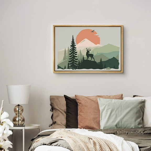 PixonSign Framed Canvas Print Wall Art Elk Over Green Forest Landscape Nature Wildlife Illustrations Modern Art Contemporary Colorful Multicolor Boho Decor for Living Room, Bedroom - 24"x36" Natural
