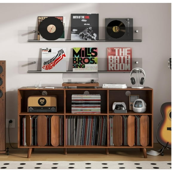 Studyset 55" Large Record Player Stand | Mid-Century Modern Wood Media Console with Charging Station | Vinyl Record Storage Cabinet with 2 USB Ports, Open Shelves & Turntable Holder