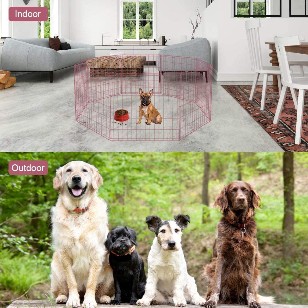YRLLENSDAN 24in Tall Foldable Dog Playpen Crate Fence Pet Kennel Play Pen Exercise Cage 8 Panel for Backyard Small Dogs, Pink
