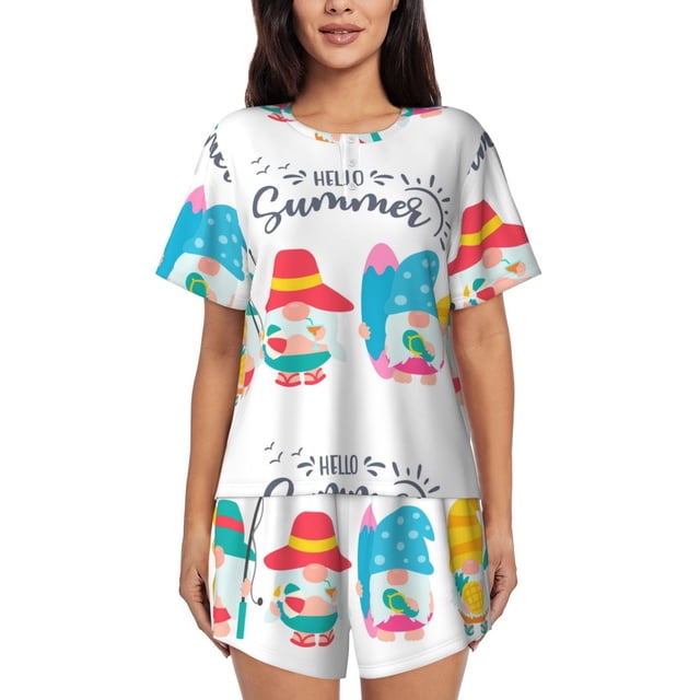 Fotbe Gnomes Summer Conjunto de Pijama Estampado para Mujer, 2 Piezas, Ropa de Dormir con Camiseta de Manga Corta y Shorts Suaves-Medium