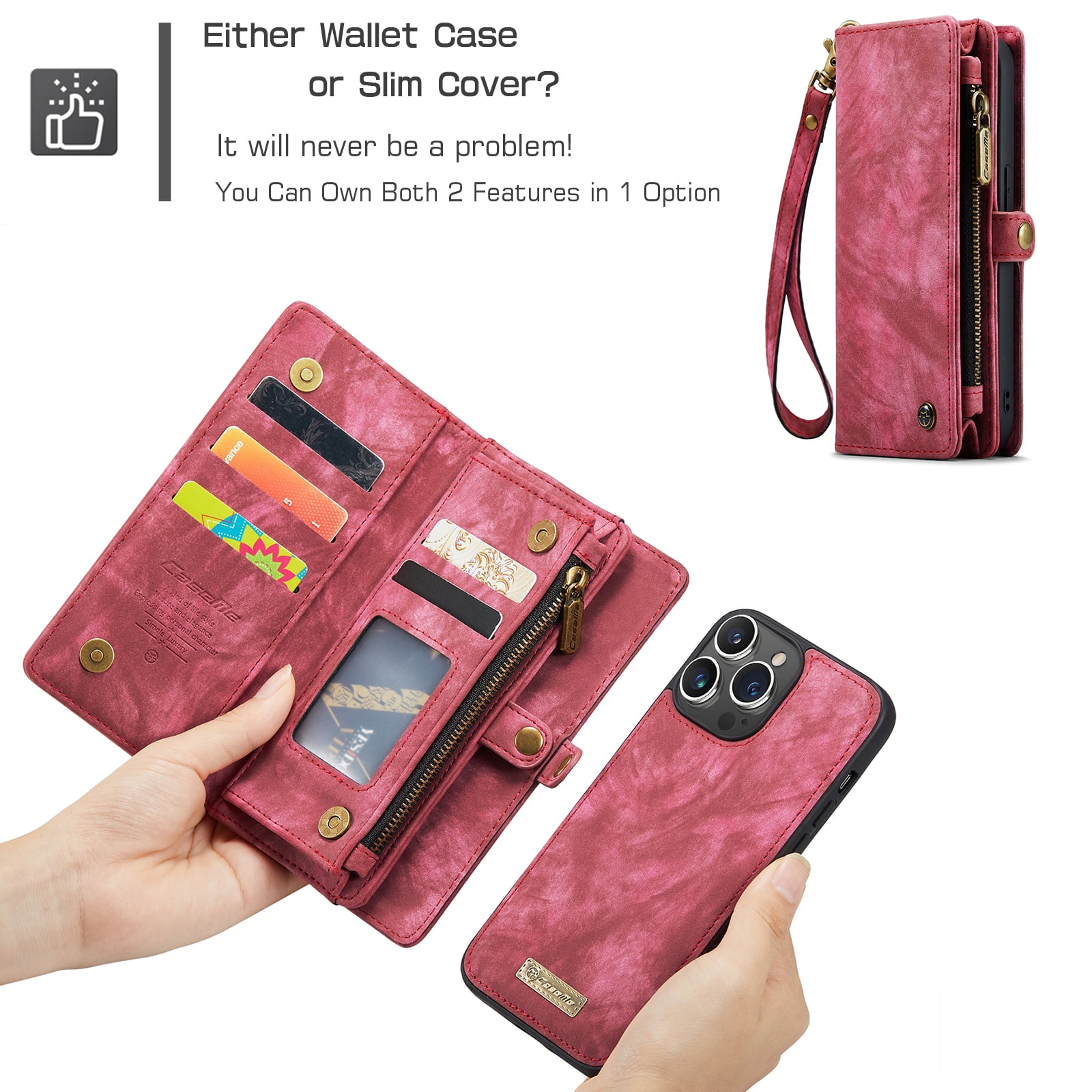 Feishell Durable 2- In-1 Magnetic Detachable Wallet Case for iPhone 16 Pro Max,for Women Men,Premium PU Leather Zipper Pocket Flip Multi Card Slots Purse Phone Case with Wrist Strap,Red