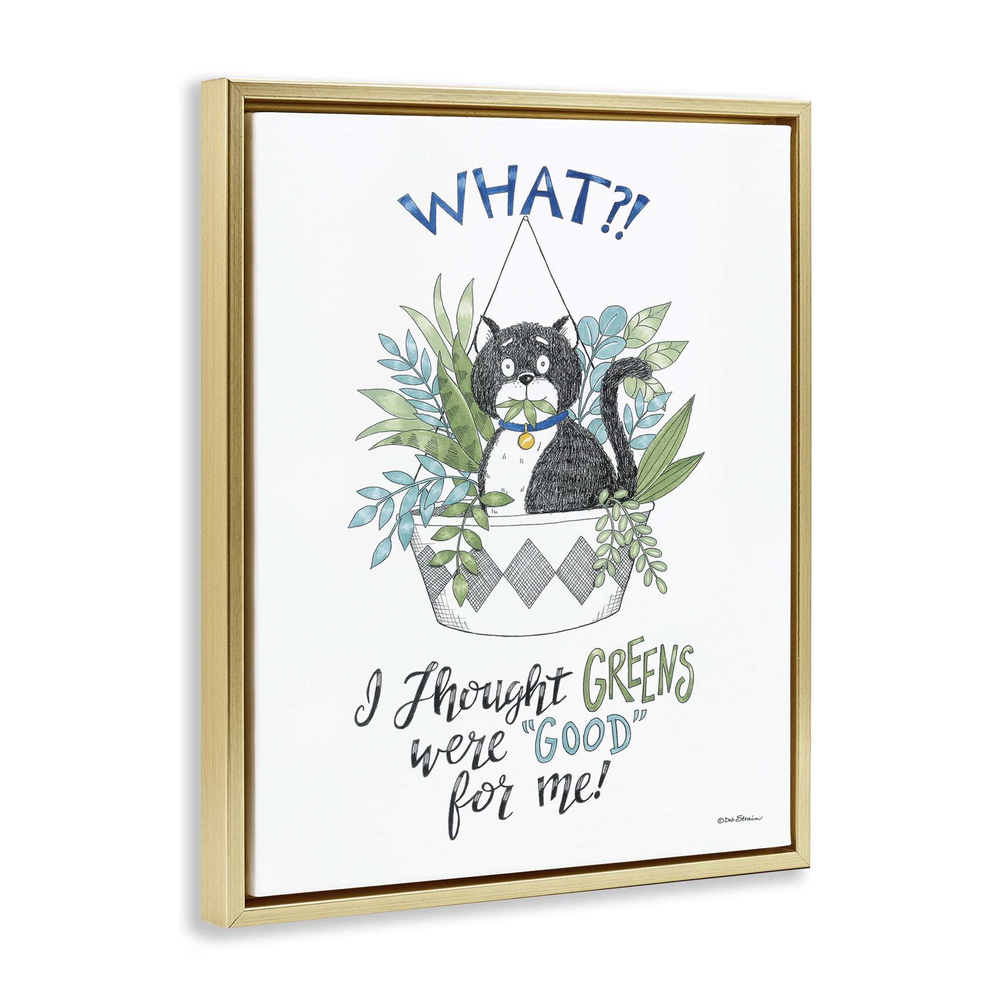 Stupell Industries Funny Cat Eating Plant Animals Painting Gold Floater Framed Canvas Art Print Wall Art, 17 x 21