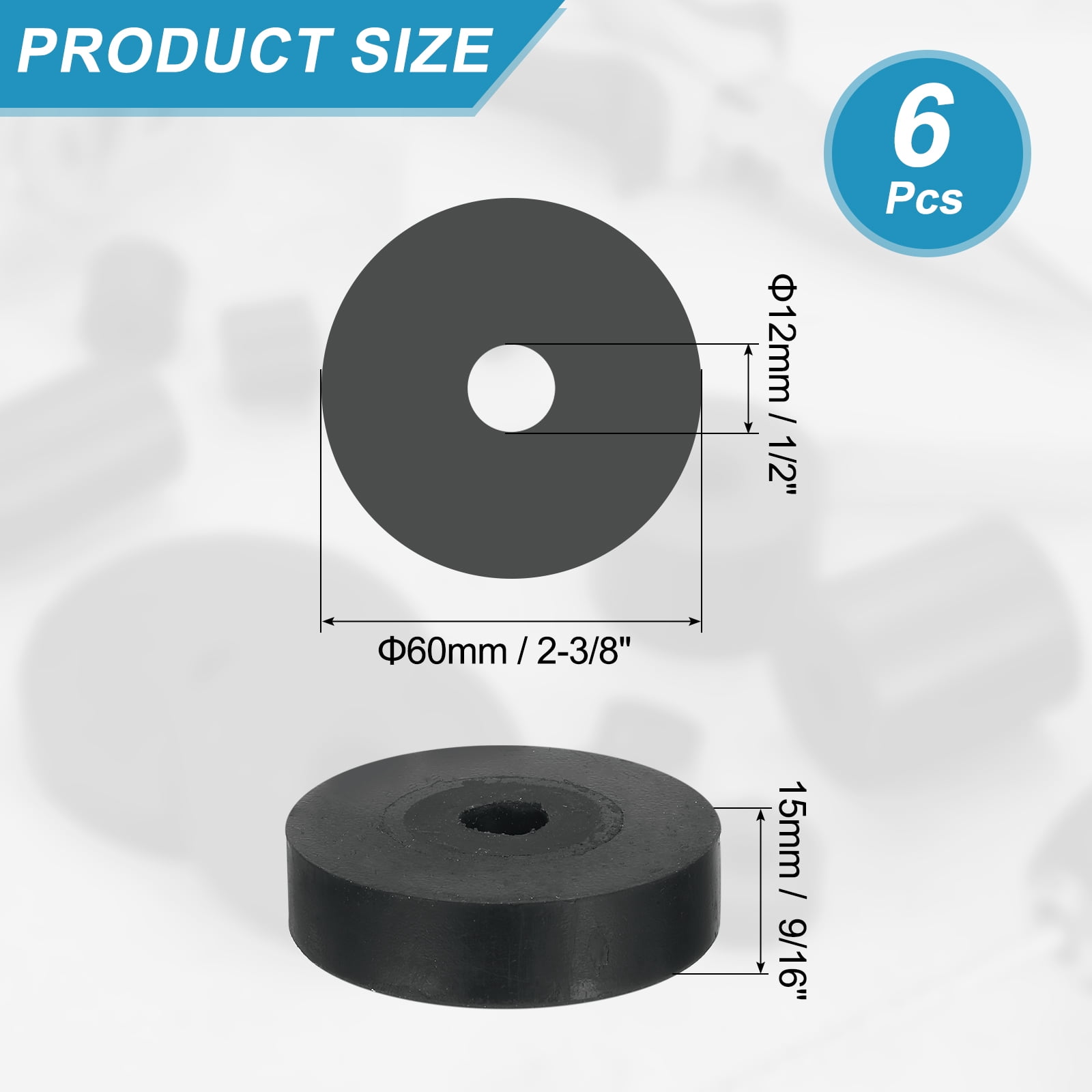 6 Pcs Multi Purpose Rubber Spacer, 12mm ODx60mm IDx15 mm Thickness Anti-Vibration Isolation for Home Cars(Black)