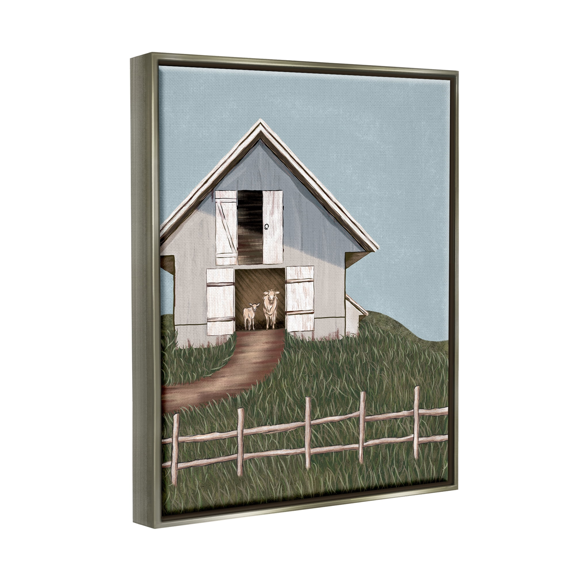 Stupell Industries Sheep In Barn Rural Farm Landscape Painting Gray Floater Framed Art Print Wall Art