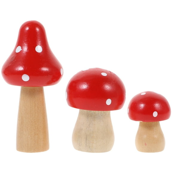 ADDHAT Red Wooden Mushroom Sculpture 3Pcs for Micro Landscape Garden Decor