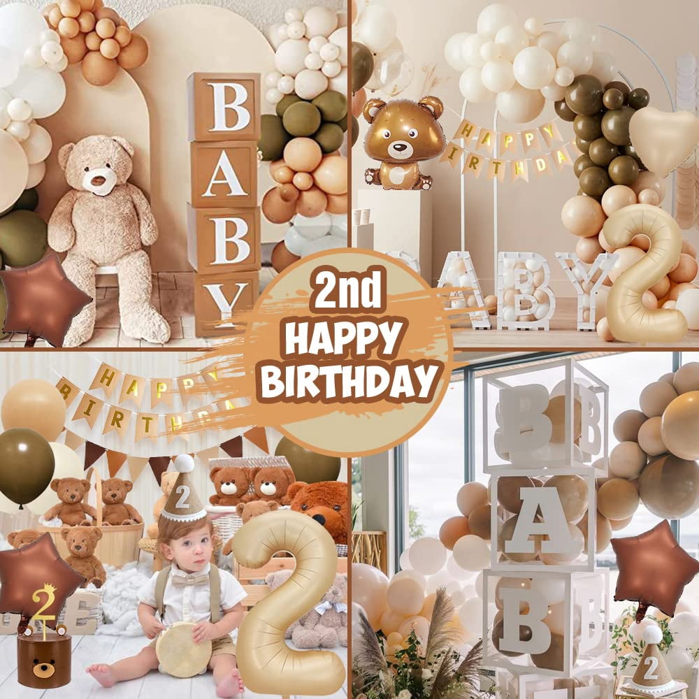 YANSION 2nd Birthday Decorations, Boho Birthday Decoration, Bear Theme Party Decoration with Giant Bear Foil Balloon,  Number 2 Balloon, Beige Coffee Balloon for Boys Girls Baby 2 Year Old Birthday