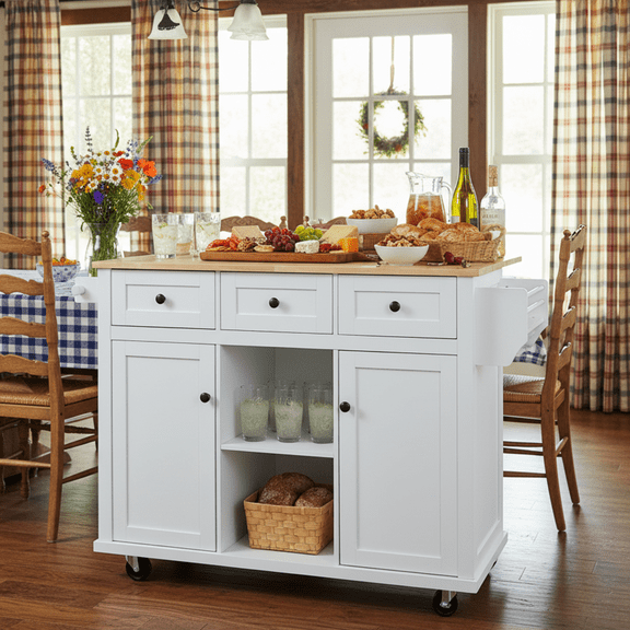 Homy Casa Modern Kitchen Serving Cart with Rubber Wood Top Drop Leaf, Storage Cabinet, White