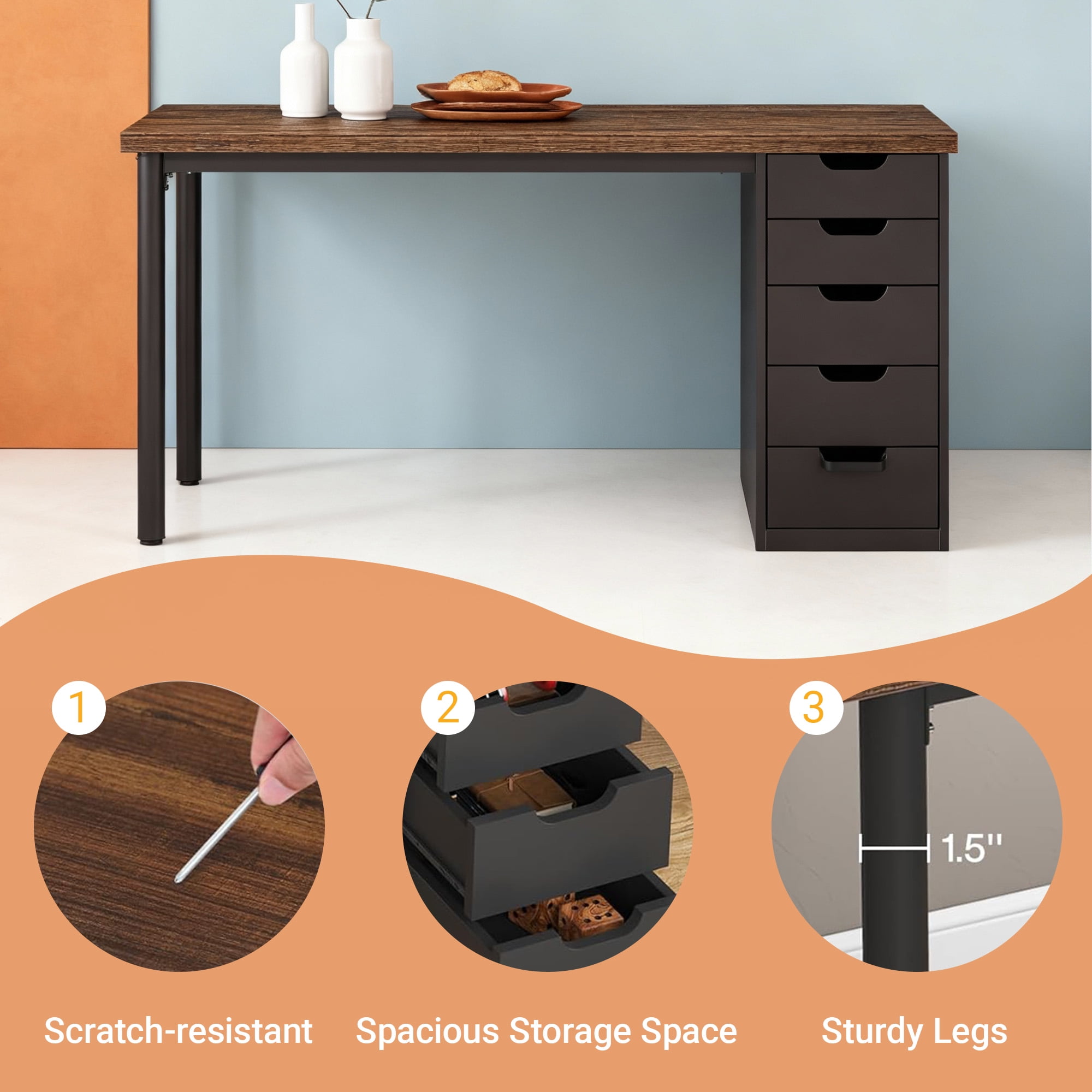 KIOOTTO 47" Computer Desk with 5 Drawers, Reversible Storage Cabinet and Compact Home Office Workstation, Brown