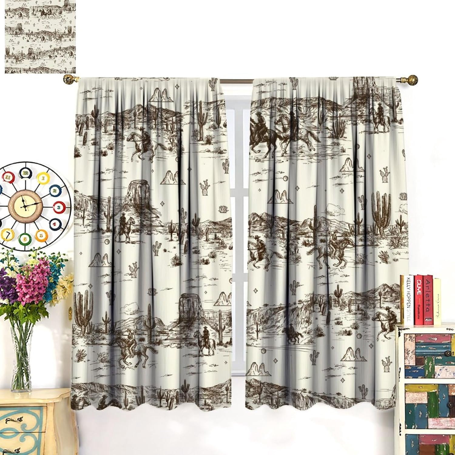 Vintage American Wilderness Western Cowboy Blackout Curtains for Bedroom,Sketch Style Western Cowboy Cacti Room Darkening Window Curtains with Rod Pocket - 2 Panels 84" L x 42" W