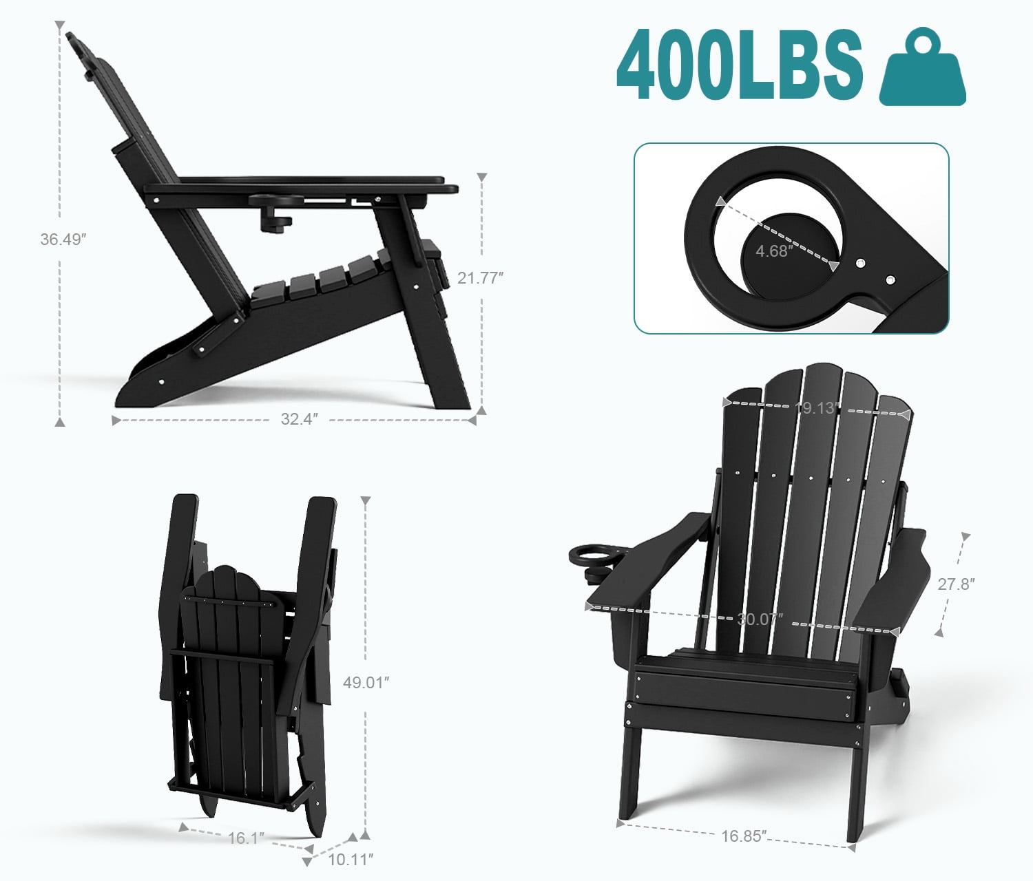 FOOWIN Adjustable Backrest Folding Adirondack Chair with Cup Holder, HDPE Weather Resistant Fire Pit Chair, Black