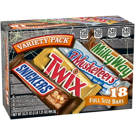 Snickers, Twix, Milky Way & 3 Musketeers Variety Pack Halloween Milk Chocolate Candy Bars, 18 Count Box