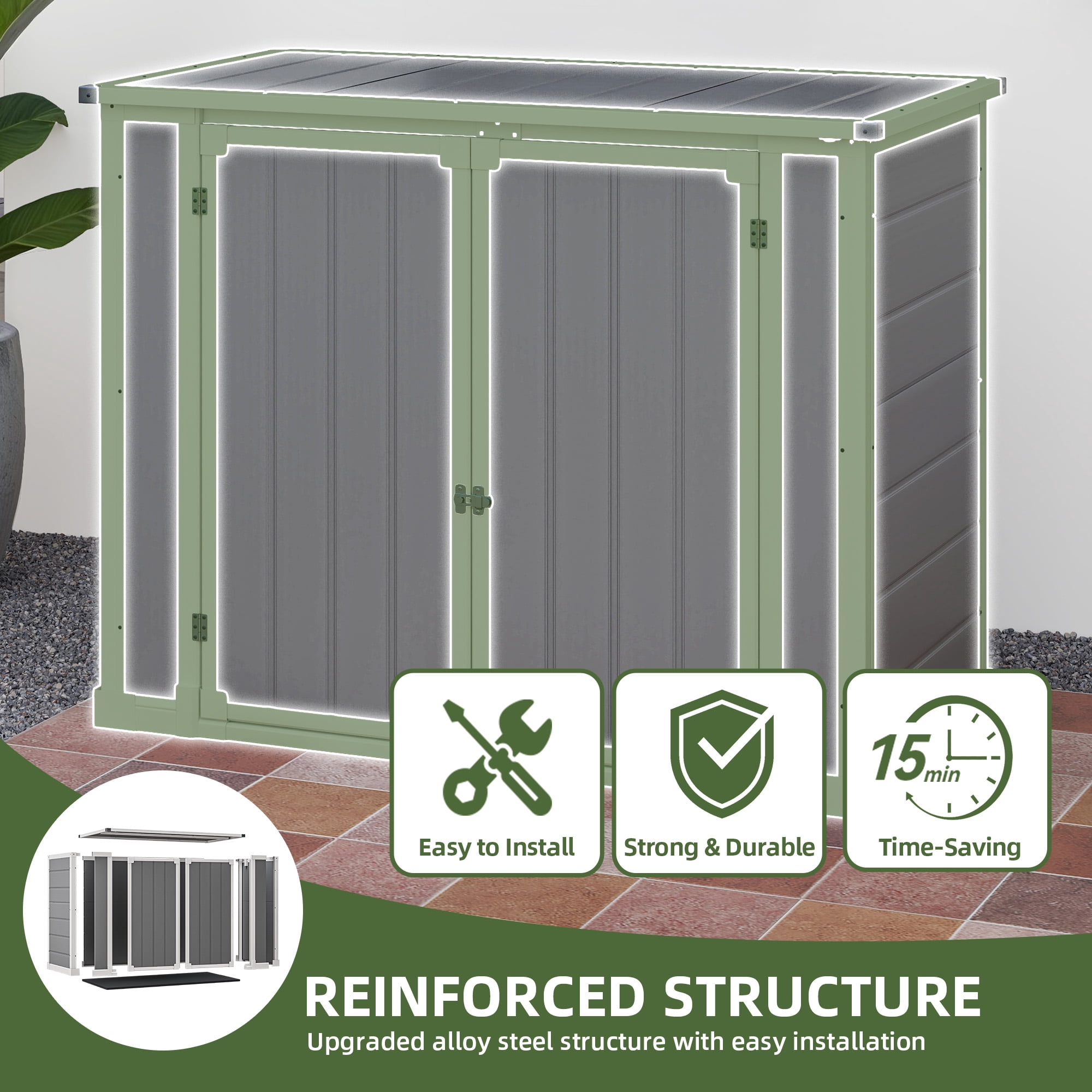 Uforic Storage Shed with Front & Lift-Up Doors, Double-Layer Resin, Lockable Latch for Outdoor, Gray