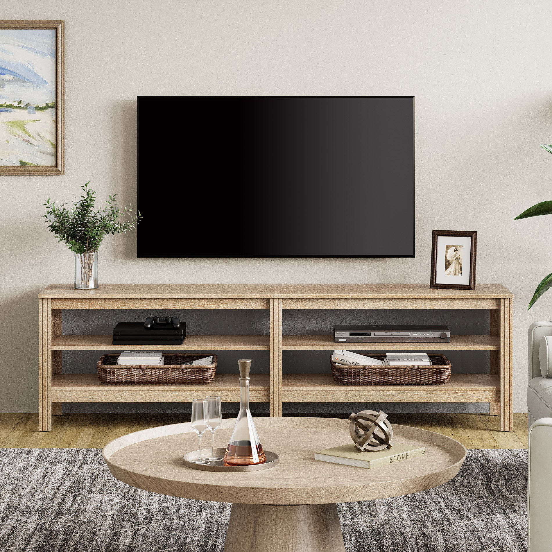 Fitueyes Mid-century Modern TV Stand for 75" TV, Oak Media Console with Open Shelves and LED Light for Living Room, 70 Inch
