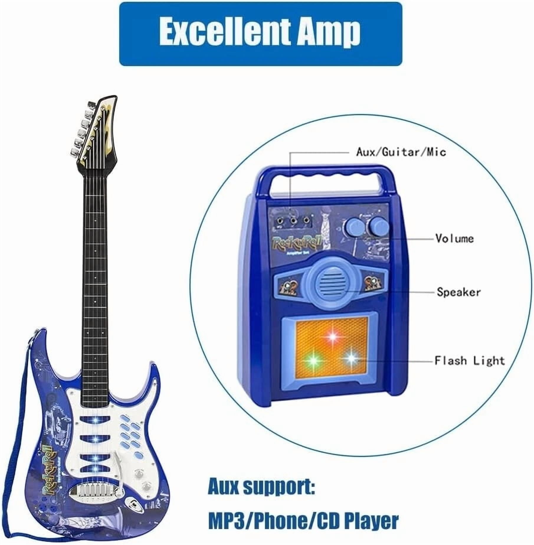 iMeshbean Kids Electric Guitar Beginner Musical Guitar Play Set w/ 6 Demo Songs, Amplifier, Microphone, Whammy Bar, AUX- Blue