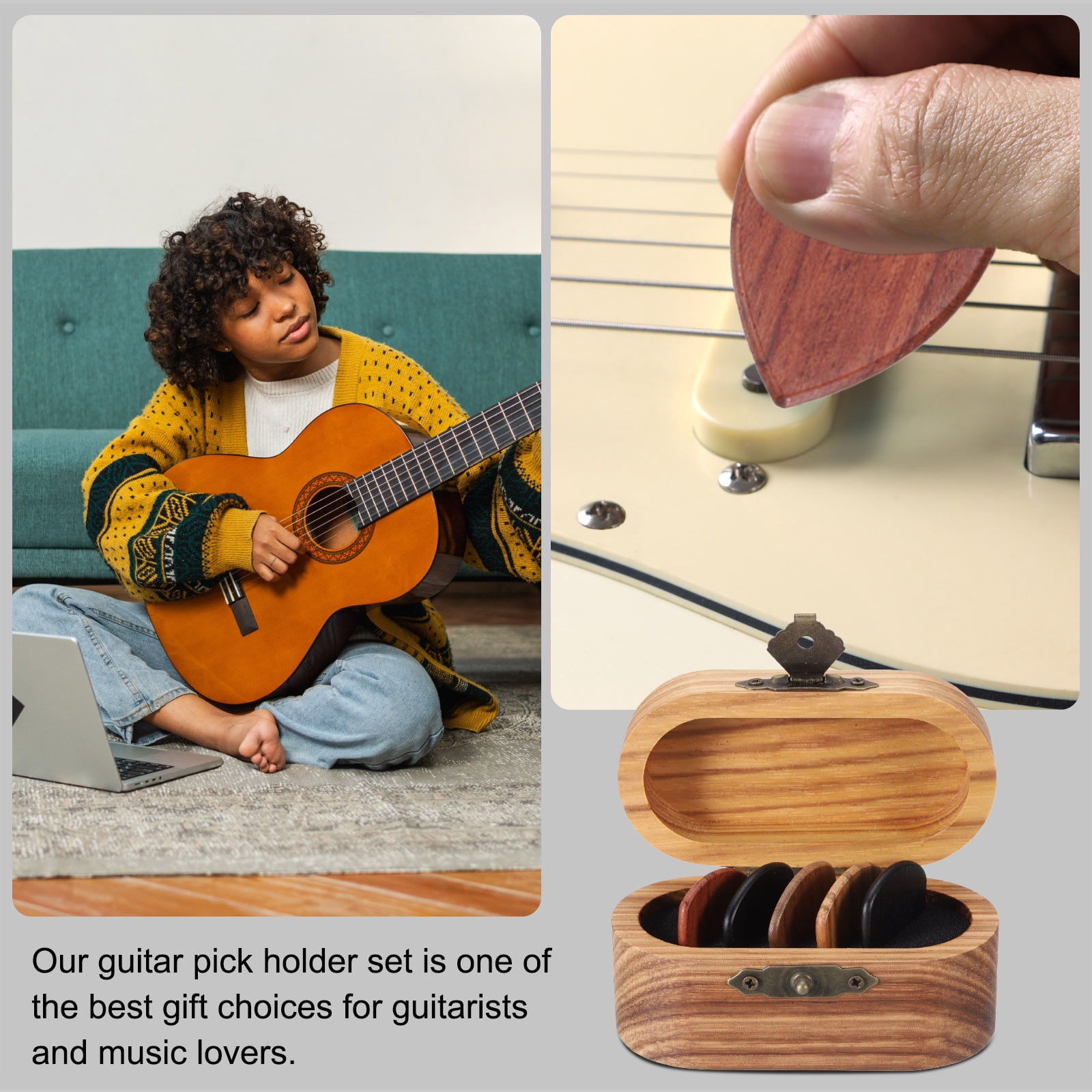 Uxcell Wooden Guitar Pick Holder Mini Guitar Picks Box Case with 5 Pack Flat Wood Guitar Picks Acoustic Guitar Box