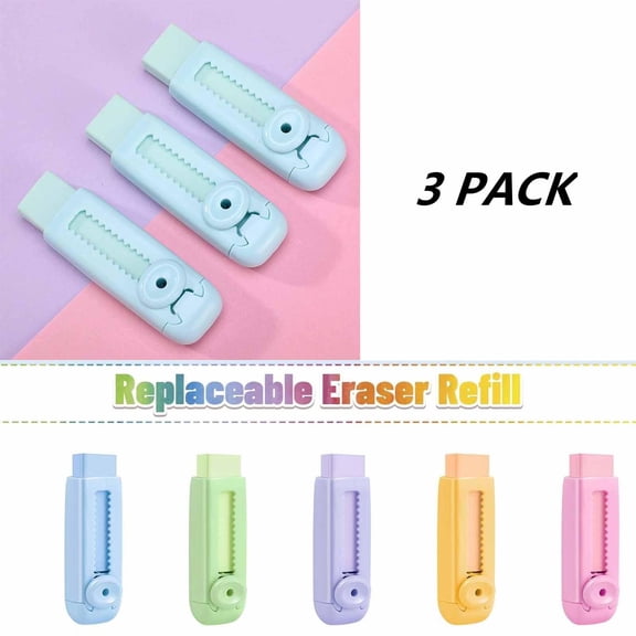 3 Pack Pencil Erasers, Rubber Push Roller Eraser, Traceless Less Scraps Creative Stationery Supplies for Office Use, Art Creation and Holiday Gifts, Pink,8cm,Blue