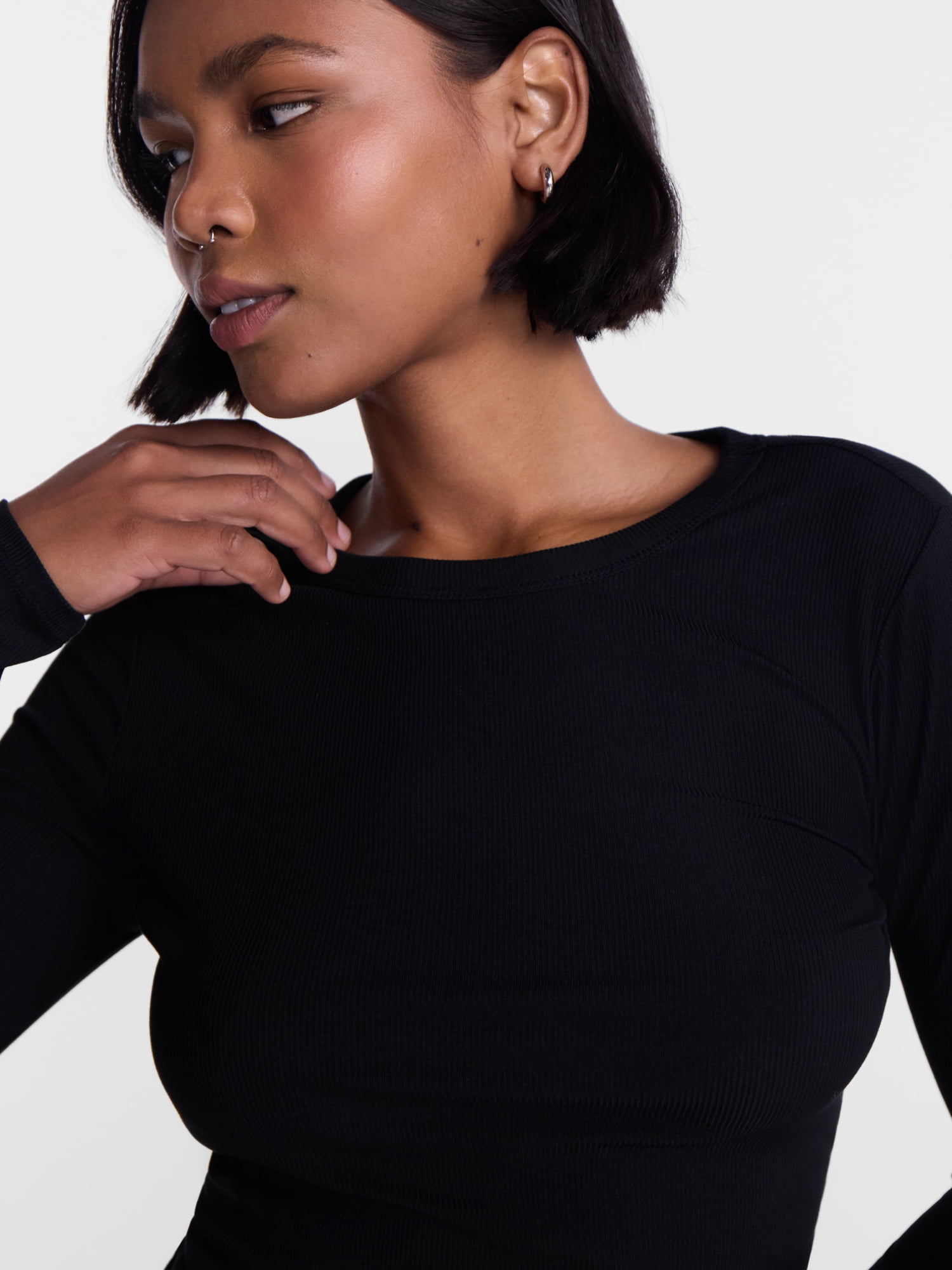 No Boundaries Ribbed Crewneck Tee with Long Sleeves, Women's and Women's Plus XXS-4X