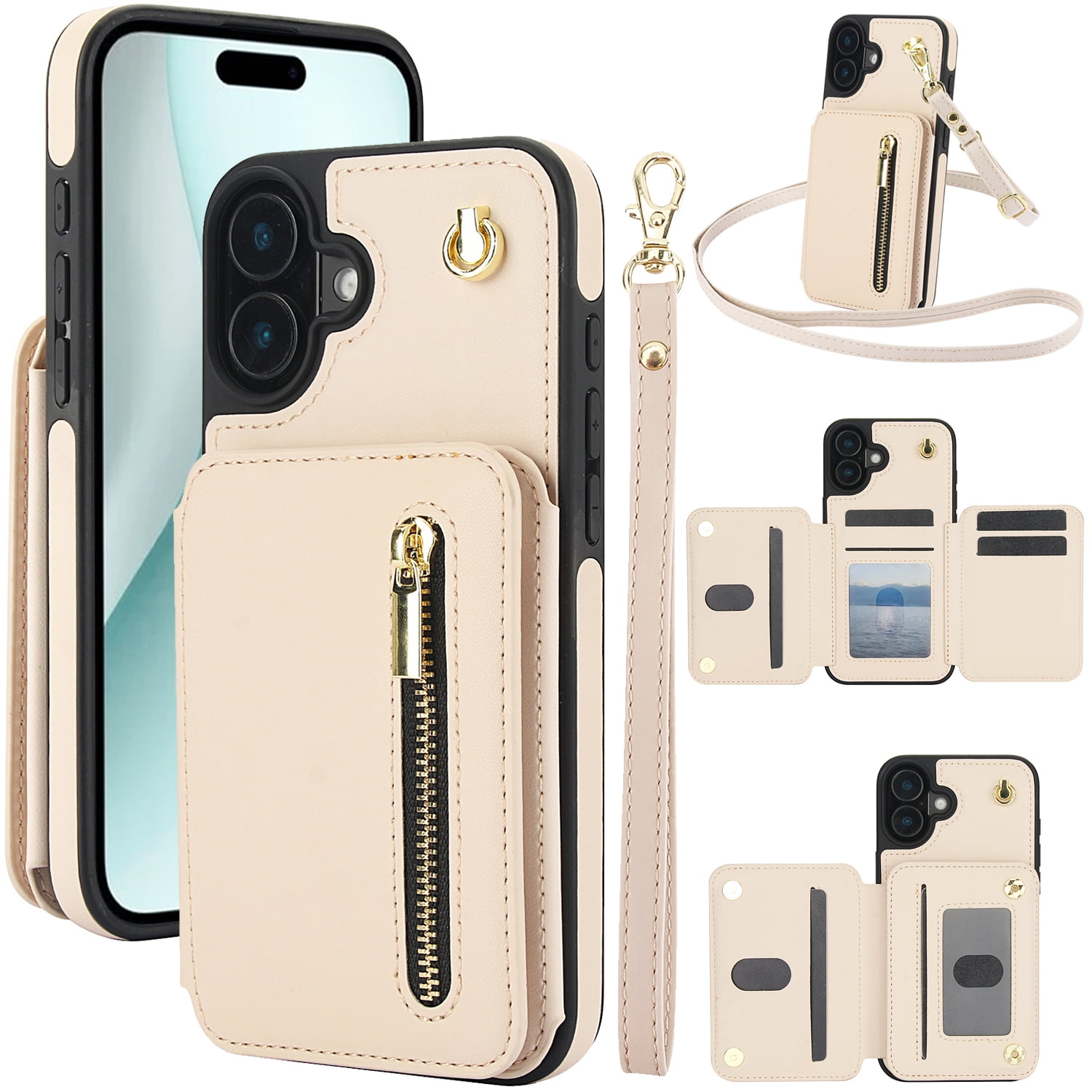 Wallet Case for iPhone 16 Plus with Wrist Strap & Crossbody Strap, Premium PU Leather Card Holder Stand Flip Zipper Pocket RFID Blocking, Women Girls Protective Phone Case Cover, Apricot