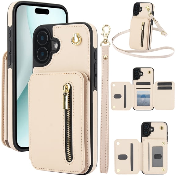 Allytechgroup Case for iPhone 16 Plus with Credit Card Slot, Built-in Shoulder Strap Stand PU Leather Wallet RFID Blocking Phone Case Shockproof Protective for iPhone 16 Plus, Apricot