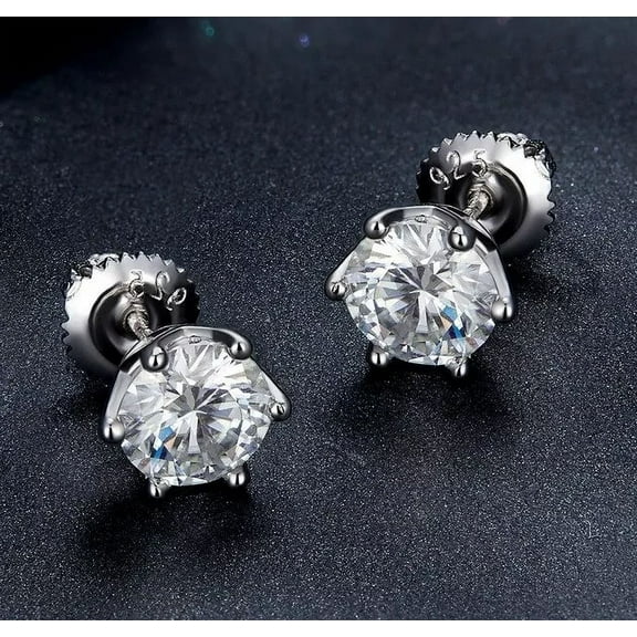 2Ct Round Cut VVS1 Moissanite Screw Back Stud Earrings In 14K White Gold Plated