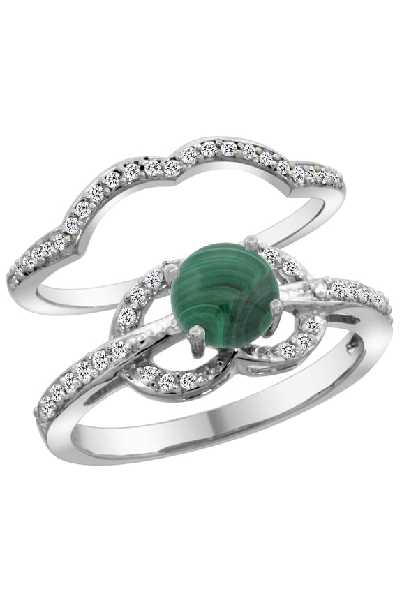 14K White Gold Natural Malachite 2-piece Engagement Ring Set Round 6mm, size 9