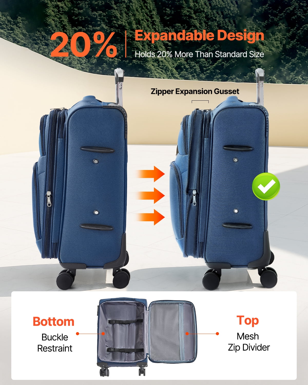 VEVOR Softside Expandable Luggage with Spinner Wheels, 20-Inch Softside Carry on Luggage, Lightweight Checked Suitcase with Expandable Zippered Pocket and TSA Lock, Blue