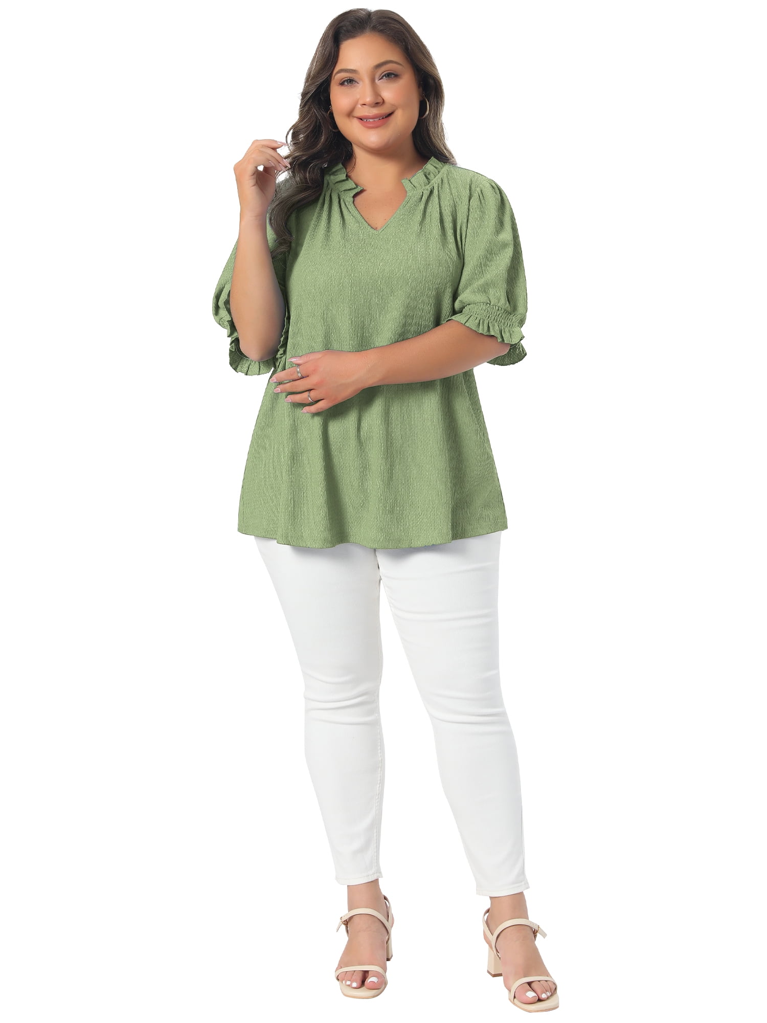 DARING DIVA Women's Plus Ruffled Trim V Neck Puff Sleeve Top 2X Green