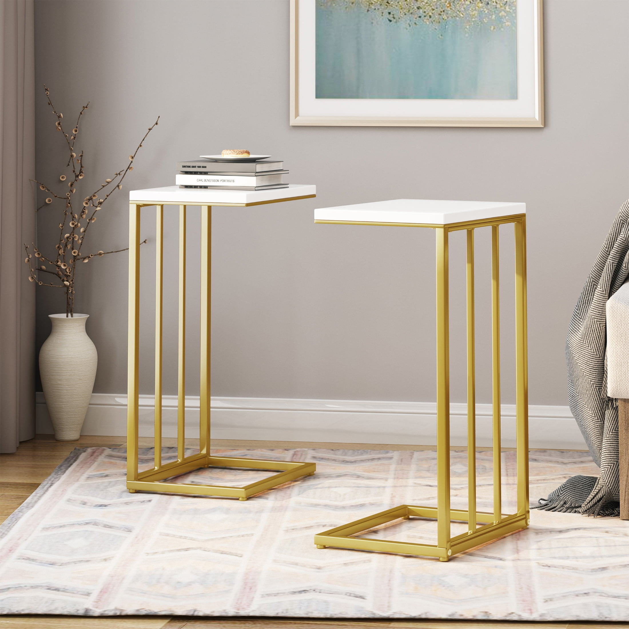 Noble House Wade Modern Glam C Side Table, Set of 2, Champagne Gold, White