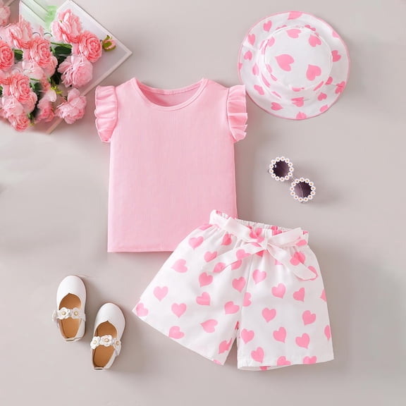 Sentuca Kids Girls Fly Sleeve Shirts and Shorts and Sun Cap 3PC Outfit Sets Summer Casual Clothes Size 5 Years