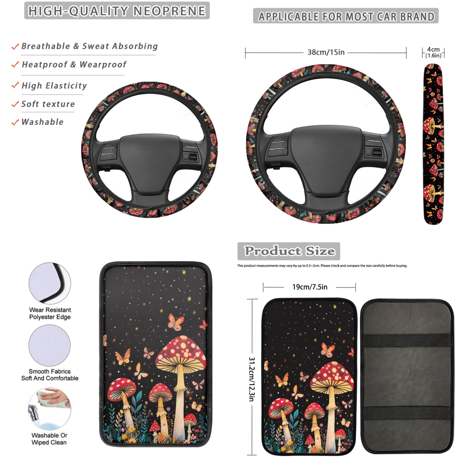 Yuyamidu Aesthetic Mushroom Car Seat Cover Set of 13 Butterfly Auto Interior Sets with Steering Wheel Cover Seat Belt Pad Armrest Cover Pad Cup Mat Key Chain