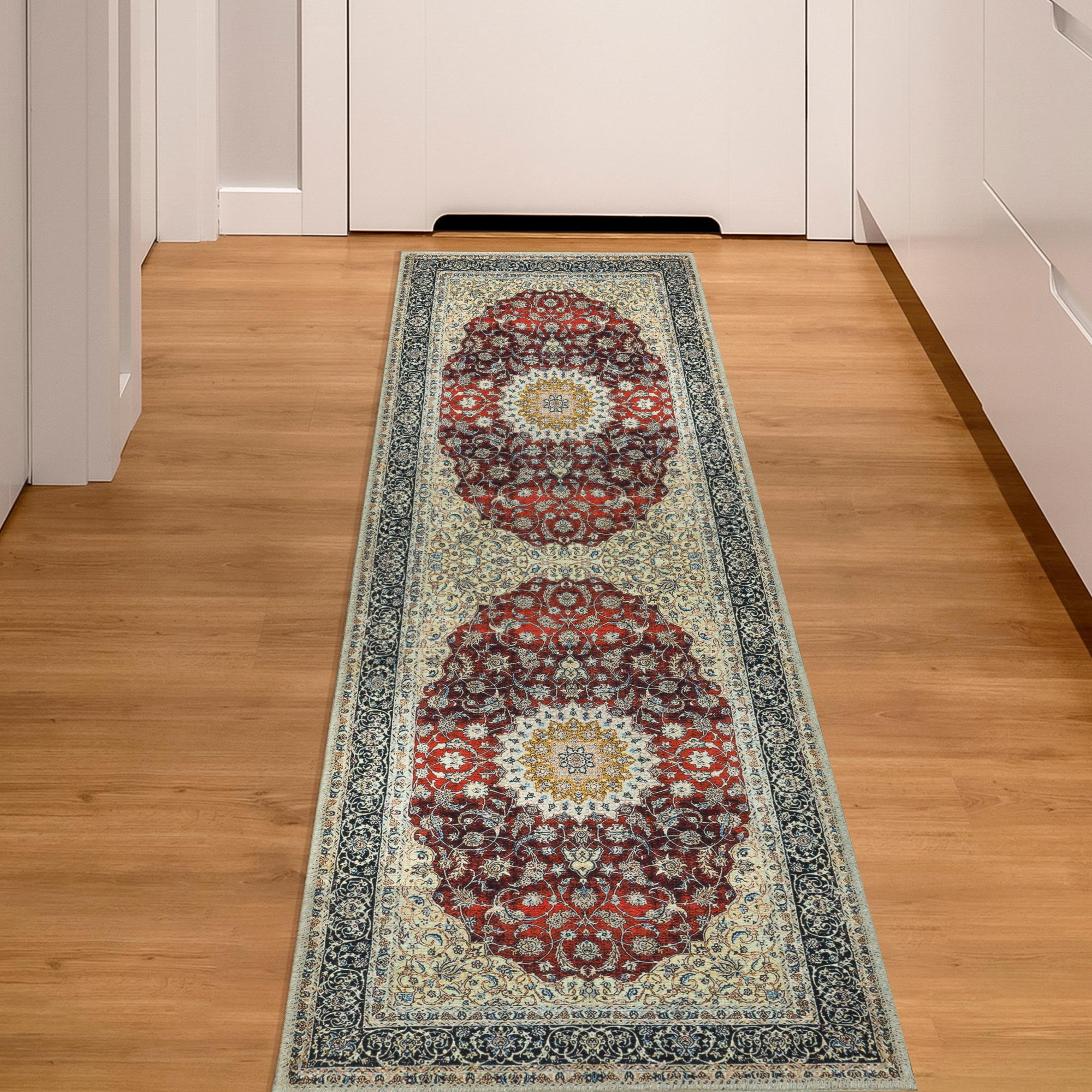 Ottomanson Machine Washable Cotton 2x5 Flatweave Runner Rug for Bedroom, 20" x 59", Red Medallion