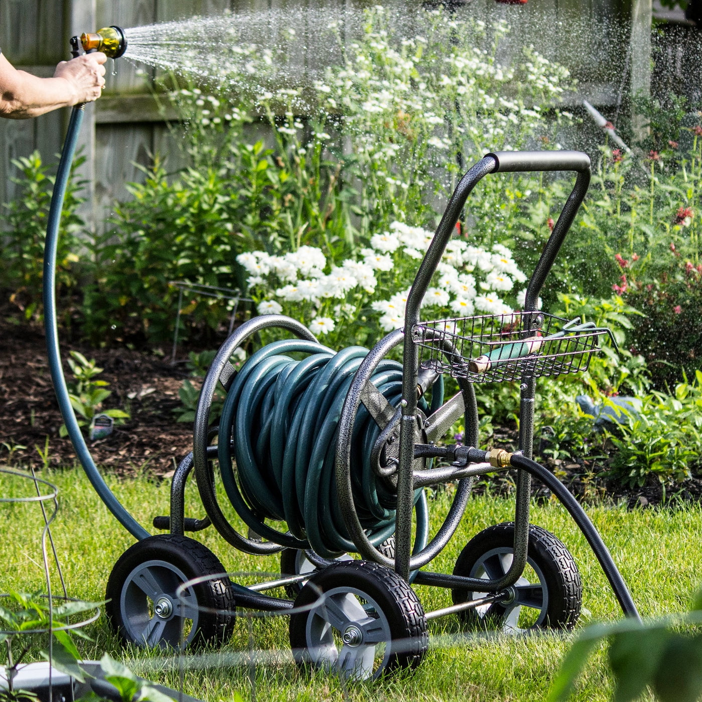 Backyard Expressions Commercial Four Wheel Hose Reel Cart - Heavy Duty Rolling Hose Caddie for Gardening - 350 Ft Hose Capacity